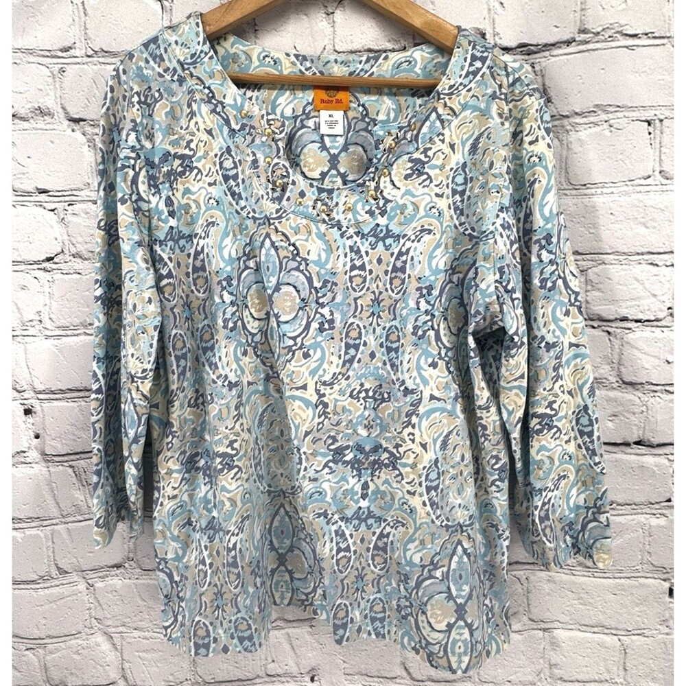 Ruby Rd. Tunic Top Women's XL Blue Paisley Embellished 3/4 Sleeve